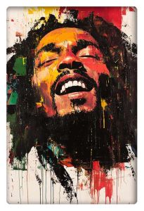 Portrait of Bob Marley, rendered in vibrant colors, radiating joy and music with a splattered paint effect.