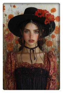 Woman in a black hat adorned with red flowers standing in a field of vibrant orange blooms.