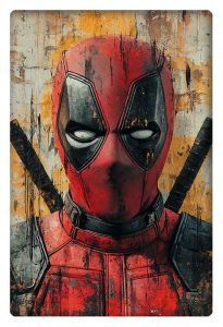 Deadpool portrait with katanas on his back, distressed texture background.