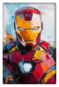 Abstract painting of Iron Man’s suit with vibrant colors and modern textures.