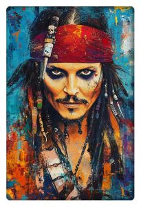 Colorful and abstract portrait of Johnny Depp as Captain Jack Sparrow, featuring bold brushstrokes and a dynamic background.