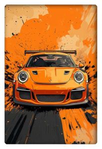 Front view of a vibrant orange Porsche GT3 RS in a bold cell-shaded cartoon style, surrounded by dynamic splashes of orange and black.