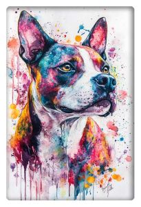 A vibrant watercolor portrait of a Bull Terrier, featuring splashes of bold, expressive colors against a white background.