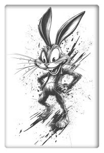 Illustration of Bugs Bunny standing confidently, portrayed in a dynamic tattoo design with bold lines and splashes.