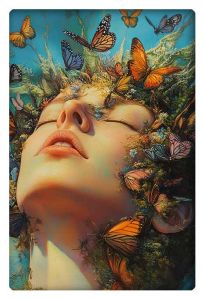 A serene woman’s face surrounded by nature and butterflies, symbolizing harmony and peace.