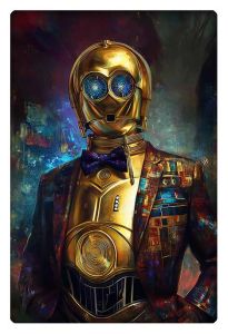 C-3PO from Star Wars, dressed in a colorful suit and bow tie, set against a vibrant, artistic background.