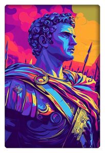 Colorful pop-art rendition of Julius Caesar addressing his troops, draped in a vibrant toga, with spears in the background.