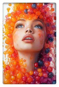 A vibrant and surreal portrait of a young woman with her hair and face adorned in colorful candy-like bubbles in shades of orange, red, purple, and yellow, creating a whimsical and dreamlike effect.