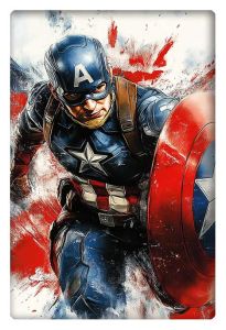 Dynamic illustration of Captain America charging forward with his shield, painted in vibrant red, white, and blue tones.