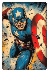 Captain America in action, throwing his shield amidst flying debris in an intense battle scene.