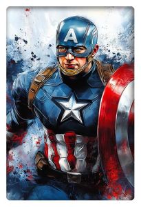 Captain America in a dynamic action pose, holding his iconic shield, with bold red, white, and blue splashes behind him.