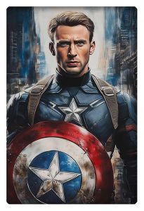 Captain America stands resolute, holding his iconic shield, with a determined look against a gritty, urban backdrop.