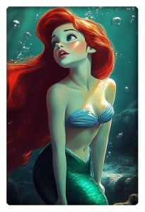 Ariel the Mermaid in a stunning underwater scene, featuring flowing red hair and a bright green mermaid tail.