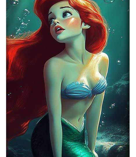 Ariel the Mermaid in a stunning underwater scene, featuring flowing red hair and a bright green mermaid tail.