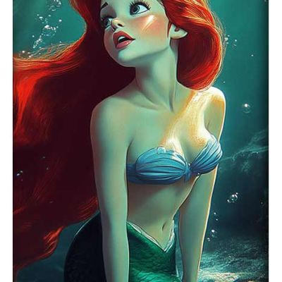 Ariel the Mermaid in a stunning underwater scene, featuring flowing red hair and a bright green mermaid tail.