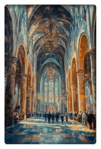 An oil painting of a grand church interior filled with visitors, showcasing high arched ceilings, chandeliers, and intricate stained glass windows.