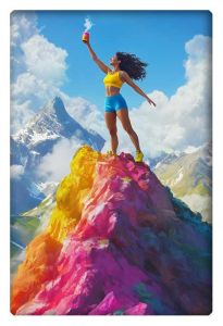 A woman stands on a vibrant, multicolored mountain peak, joyfully holding a colorful flare, with majestic snowy mountains in the background.