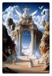 A monumental gateway to the heavens, adorned with grand columns and divine figures, surrounded by angels and clouds. Majestic rocky cliffs frame the ethereal structure, while angels in flowing robes gracefully soar and gather below.