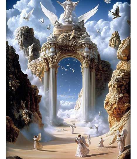 A monumental gateway to the heavens, adorned with grand columns and divine figures, surrounded by angels and clouds. Majestic rocky cliffs frame the ethereal structure, while angels in flowing robes gracefully soar and gather below.