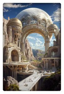 Majestic futuristic cityscape featuring grandiose arches, intricate architecture, and a celestial dome against a mountainous backdrop.