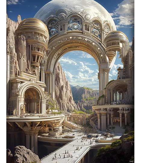 Majestic futuristic cityscape featuring grandiose arches, intricate architecture, and a celestial dome against a mountainous backdrop.