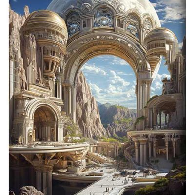 Majestic futuristic cityscape featuring grandiose arches, intricate architecture, and a celestial dome against a mountainous backdrop.