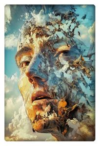 A surreal, disintegrating face blends with a cloud-filled sky as pieces of the face crumble and float away.