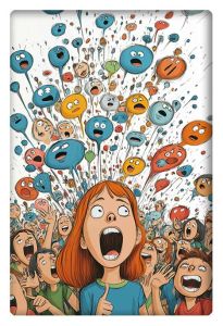 Cartoon characters with exaggerated expressions, including a young girl in the foreground, surrounded by a chaotic scene of colorful, emotive faces bursting into the air like balloons.