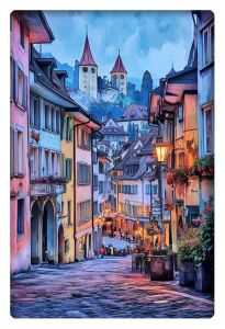 Illustration of a picturesque European street with colorful buildings and distant twin spires at dusk.