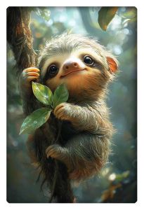 Adorable baby sloth clinging to a branch, smiling at the camera in a jungle setting