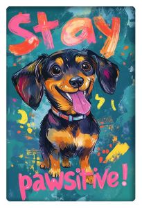 Playful and vibrant artwork featuring a happy Dachshund with the words "Stay Pawsitive!" in bold, colorful letters.