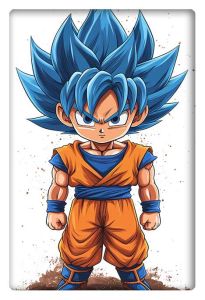 Cute chibi-style Goku in Super Saiyan Blue form with spiky blue hair, wearing his iconic orange Gi, captured in a determined stance.