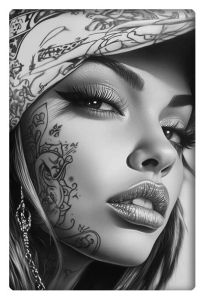 Chicano-inspired hyperrealistic portrait of a woman with detailed facial tattoos and a confident gaze.