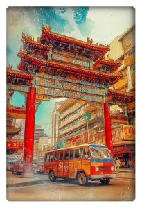 A watercolor-style painting of a vibrant Chinatown street scene, featuring a colorful bus passing under an ornate, traditional gateway.