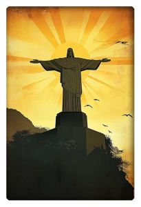 Illustration of Christ the Redeemer statue in Brazil with a glowing golden sunset in the background, birds flying nearby.