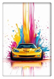 A vibrant yellow sports car against a backdrop of splashed colorful paint, blending vivid pinks, blues, yellows, and reds.