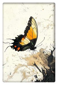 Elegant yellow and black butterfly in flight over an abstract earthy-toned background