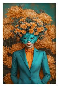 Elegant woman in teal suit and floral mask with vibrant chrysanthemum backdrop.