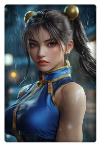 Realistic depiction of Chun-Li from Street Fighter in her iconic blue outfit, standing in a rainy city street.