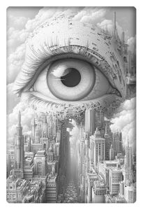 Surreal grayscale artwork featuring a large eye morphing into intricate city architecture.