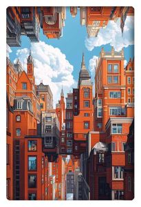 A complex cityscape featuring red brick buildings in impossible perspectives, reminiscent of M.C. Escher’s architectural style.