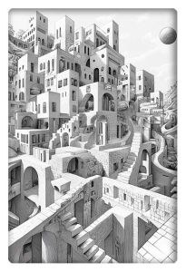 A black-and-white architectural drawing of a sprawling city featuring staircases, arches, and buildings in impossible perspectives, inspired by M.C. Escher's surreal designs.