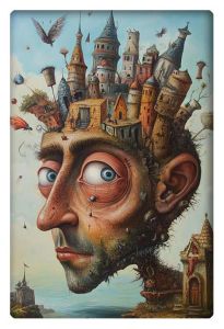 A surreal depiction of a man’s face with a whimsical cityscape built on top of his head, blending fantasy and reality.