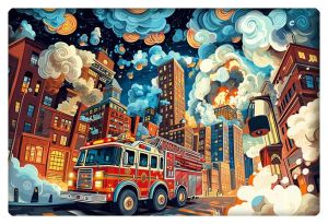 A vibrant painting of a firetruck rushing through a city engulfed in billowing clouds of smoke, with colorful, swirling clouds above towering skyscrapers.