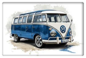 A blue and white Volkswagen Microbus rendered in a charming chalk-style, evoking nostalgia and vintage vibes.