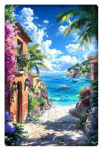 A vibrant anime-style illustration of a picturesque coastal path lined with colorful flowers and palm trees, leading to a serene blue ocean with boats in the distance.