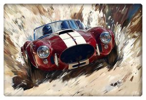 Abstract art depicting a Shelby Cobra tearing through rough terrain, capturing the car's rugged speed and power.