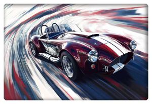 Abstract art of a Shelby Cobra in motion, capturing the iconic car speeding on a dynamic, colorful track.