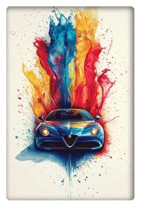 Modern car artwork featuring a blue sports car with vibrant splashes of red, yellow, and blue paint erupting behind it.