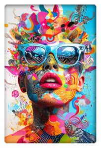 A highly colorful and surreal digital artwork featuring a person with vibrant face paint and oversized sunglasses. The portrait is filled with abstract shapes, patterns, and a psychedelic burst of colors ranging from vivid pinks and blues to deep oranges and greens. The sunglasses reflect a world of abstract shapes, while the face is adorned with intricate patterns, swirls, and lines that make the figure appear otherworldly. The background is a continuous explosion of color and form, creating a chaotic yet visually captivating composition.